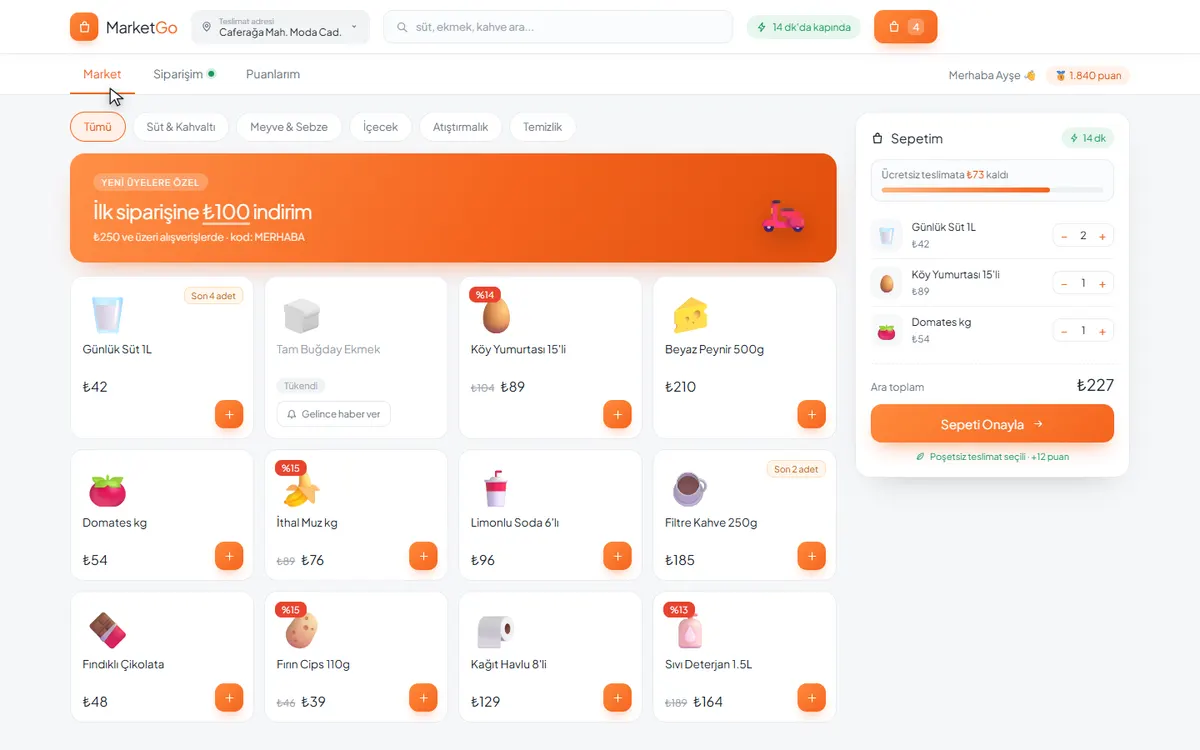 MarketGo demosunda kategorilere ayrılmış ürün listesi ve sağda sepet